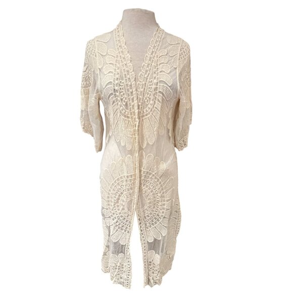 Rebellion Other - Boho Open Front Sheer Lace Kimono Cardigan With Floral Embroidery Ivory by Rebel